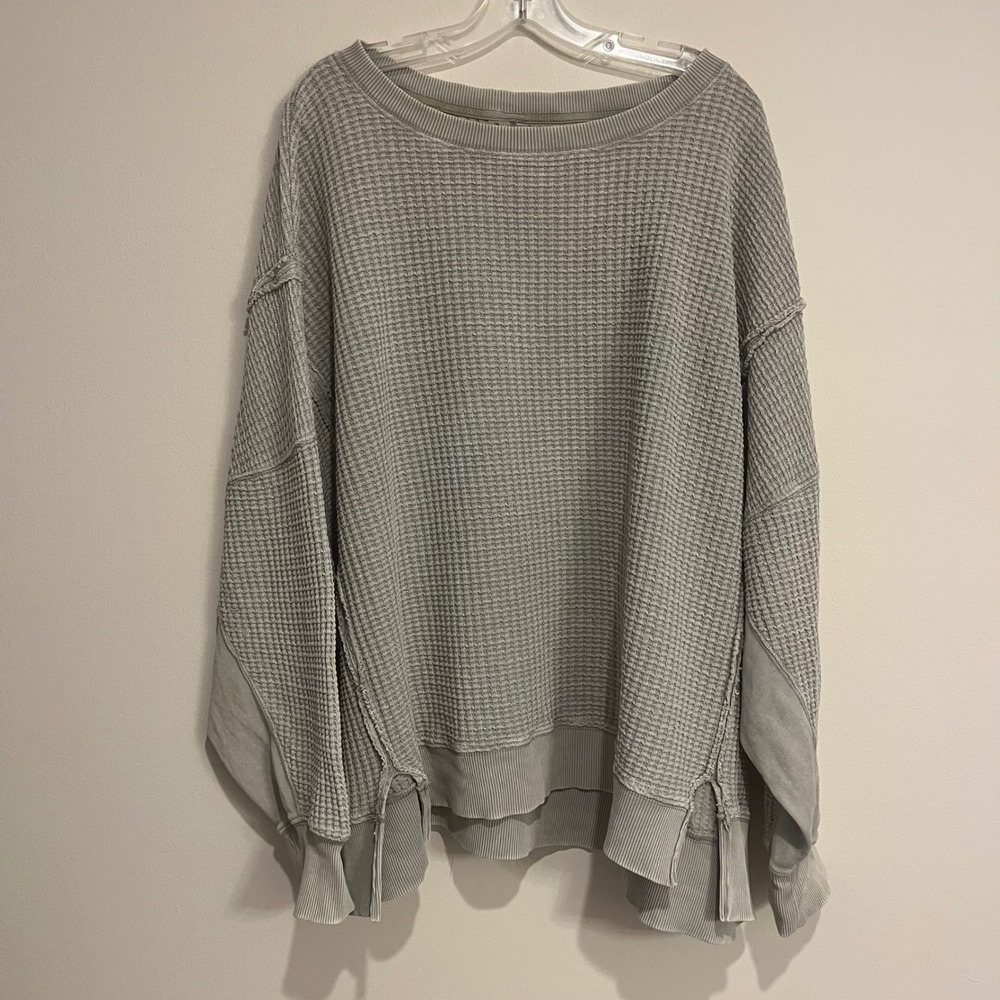 American Eagle Shirt Waffle Knit Top Green Boxy Oversized Thermal Women XXL 2XL